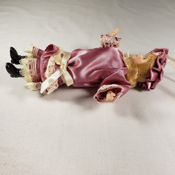 Vintage Doll Style Christmas Ornament Girl In Pink Dress Blonde Hair Flower Hat - Picture 7 of 9